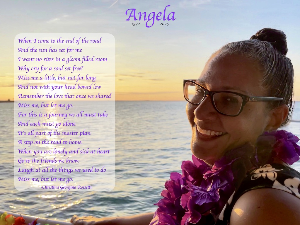 The poem "Let Me Go" by Christina Georgina Rossetti overlaid atop a sunset reflecting on the water, while Angela looks at the camera and smiles.